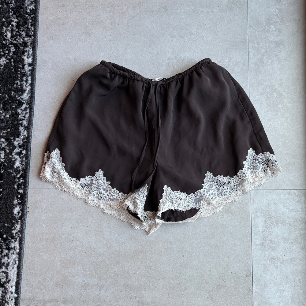 Abercrombie Brown Silk Lace Drawstring Shorts Mid Low Rise w Pockets